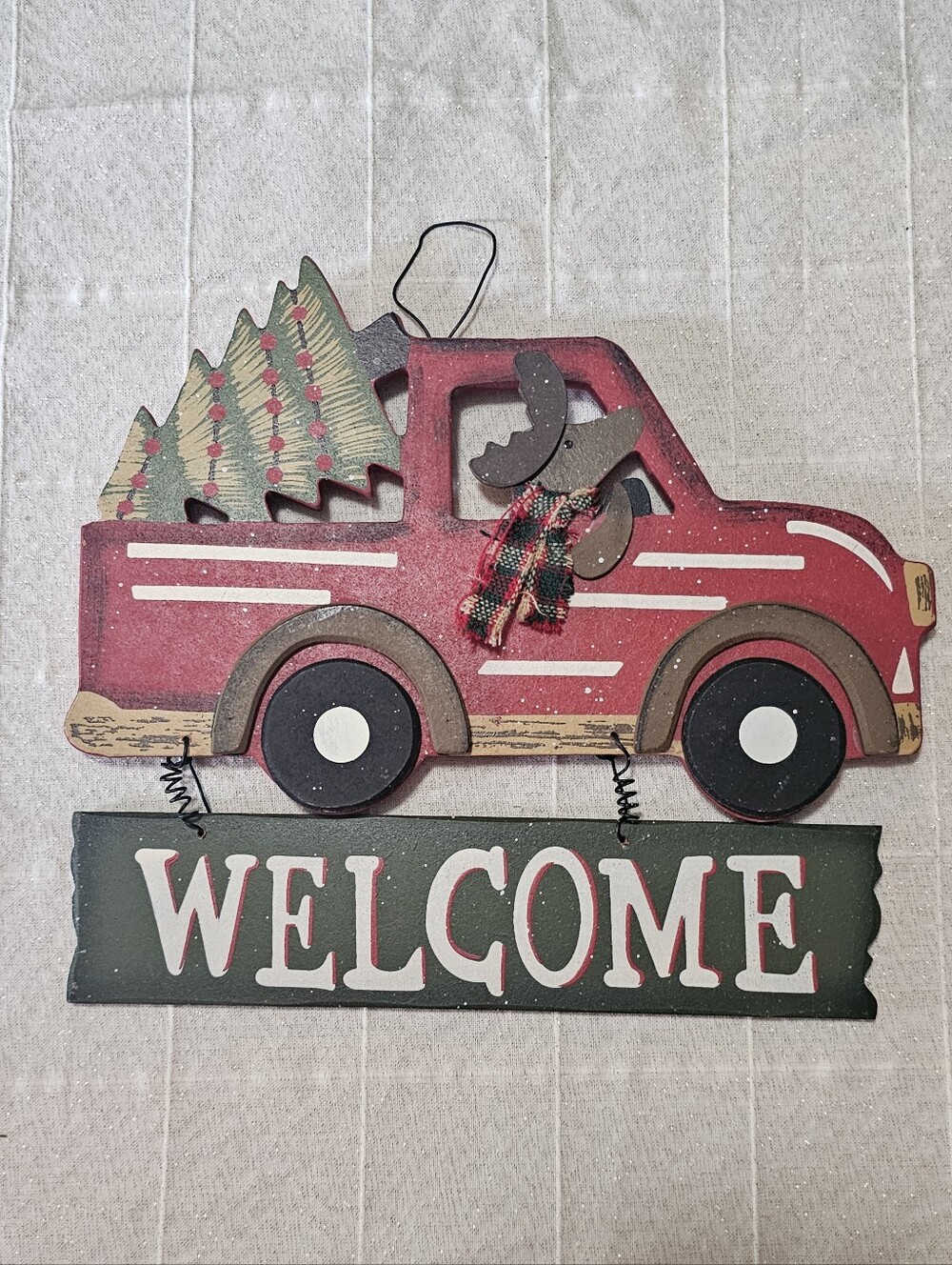 Wooden Christmas Truck Welcome Sign Red Pickup Moose Holiday Hanging Decor
